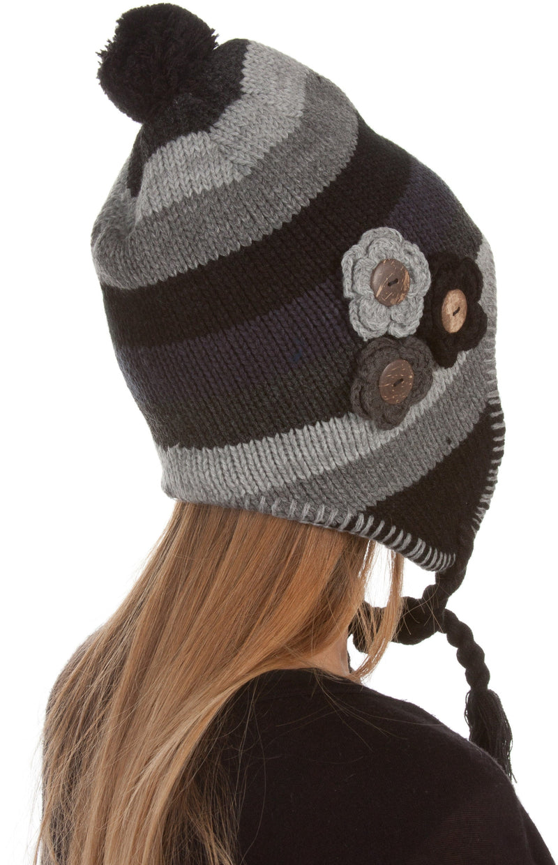 Sakkas Crochet Flower Multi-Color Stripe Fully Lined Earflap Hat