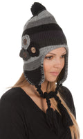 Sakkas Crochet Flower Multi-Color Stripe Fully Lined Earflap Hat#color_Black