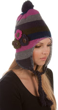 Sakkas Crochet Flower Multi-Color Stripe Fully Lined Earflap Hat#color_NavyPink