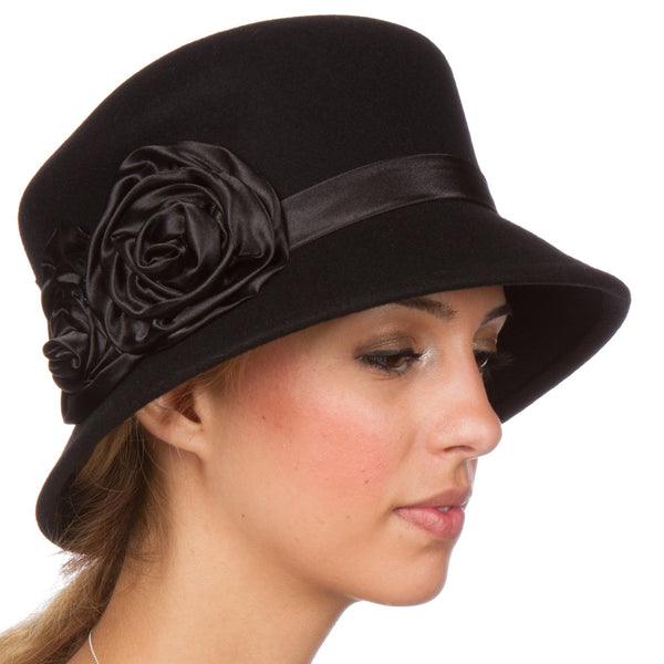 Sakkas Alice Satin Rose Vintage Style Wool Cloche Hat#color_Black