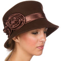 Sakkas Alice Satin Rose Vintage Style Wool Cloche Hat#color_Brown