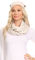 Sakkas Bri Classic Button Cable Knit Beanie Hat And Matching Infinity Scarf Set#color_Beige