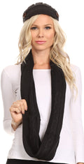 Sakkas Bri Classic Button Cable Knit Beanie Hat And Matching Infinity Scarf Set#color_Black