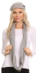 Sakkas Bri Classic Button Cable Knit Beanie Hat And Matching Infinity Scarf Set#color_Grey