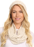 Sakkas Haile Metallic Threaded Woven Classic Hat Beanie And Infinity Scarf Set#color_Beige