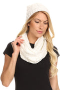 Sakkas Haile Metallic Threaded Woven Classic Hat Beanie And Infinity Scarf Set#color_White