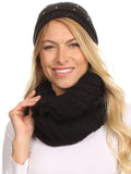 Sakkas Sayla Rhinestone Jewel Soft Warm Woven Cable Knit Beanie Hat And Scarf Set#color_Black