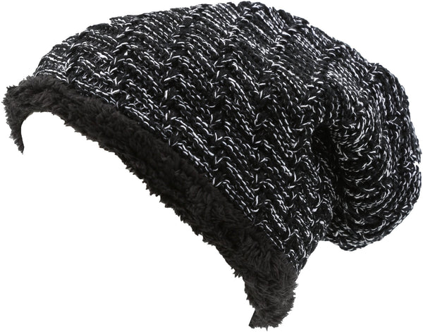 Sakkas Veloce Tall Long Heathered Faux Fur Shearling Lined Unisex Beanie Hat#color_Black