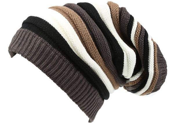 Sakkas Ceelo Long Tall Slouchy Unisex Striped Ribbed Kint Adjustable Beanie Hat#color_Black/Brown