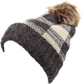 Sakkas Baya Long Tall Checker Pattern Fold Over Faux Fur Pom Pom Unisex Beanie Hat#color_Brown/Beige