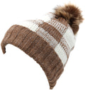 Sakkas Baya Long Tall Checker Pattern Fold Over Faux Fur Pom Pom Unisex Beanie Hat#color_Coffee/White