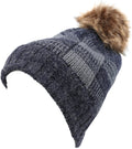 Sakkas Baya Long Tall Checker Pattern Fold Over Faux Fur Pom Pom Unisex Beanie Hat#color_Navy/Grey