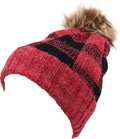 Sakkas Baya Long Tall Checker Pattern Fold Over Faux Fur Pom Pom Unisex Beanie Hat#color_Red/Black