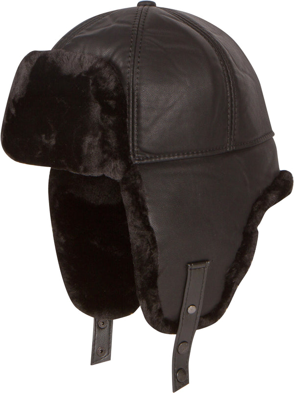 Sakkas Leather Shearling Faux Mink Fur Aviator Russian Ushanka Hat Chin Strap#color_Black