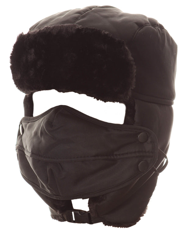 Sakkas Esty Adjustable Chin Buckle Faux Fur Lined Face Mask Unisex Trooper Hat#color_Black