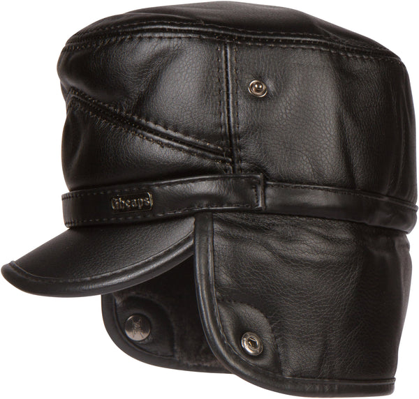 Sakkas Eliott Warm Flat Cap Military Hat Faux Fur Lined Convertible#color_Black