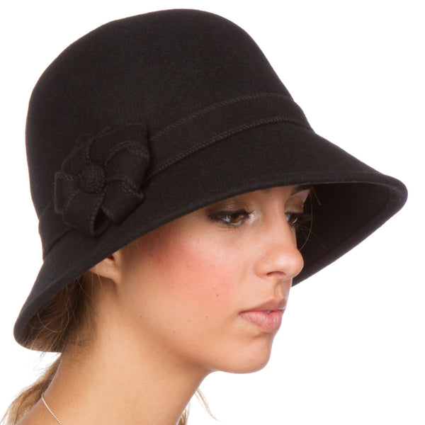 Sakkas Molly Vintage Style Wool Cloche Hat #color_Black