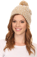 Sakkas Greer Unisex Heathered Textured Knit Pom Pom Beanie Hat#color_Beige