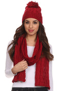 Sakkas Aaric Unisex Cable Knit Pom Pom Bobble Beanie Hat And Scarf Set#color_Red