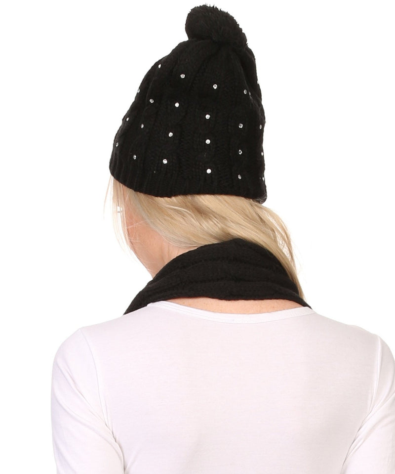 Sakkas Kae Jewel Studded Cable Knit Beanie Hat And Scarf Set