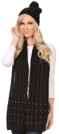 Sakkas Kae Jewel Studded Cable Knit Beanie Hat And Scarf Set#color_ Black