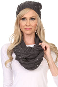 Sakkas Kae Jewel Studded Cable Knit Beanie Hat And Scarf Set#color_Charcoal