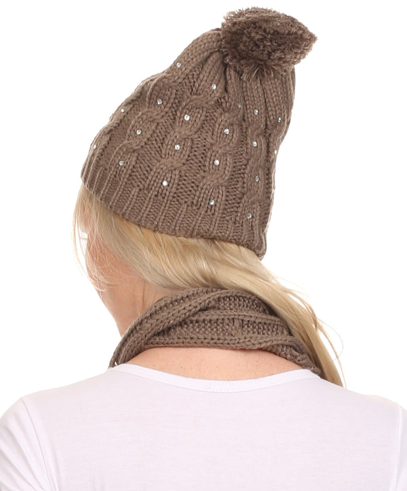 Sakkas Kae Jewel Studded Cable Knit Beanie Hat And Scarf Set