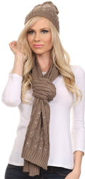 Sakkas Kae Jewel Studded Cable Knit Beanie Hat And Scarf Set#color_ Taupe