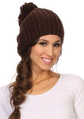 Sakkas Lax Wide Unisex Cable Knit Large Pom Pom Bobble Beanie Hat Cap#color_Brown