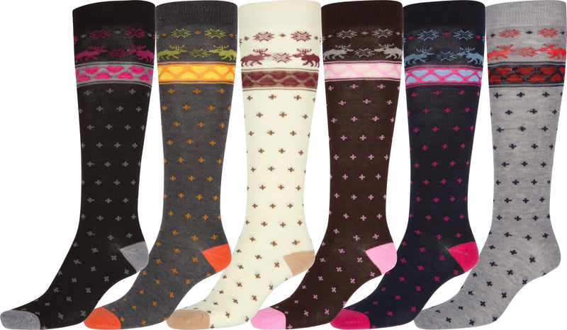 Sakkas Ladies Cute Colorful Design or Solid Knee High Socks Assorted 6-Pack