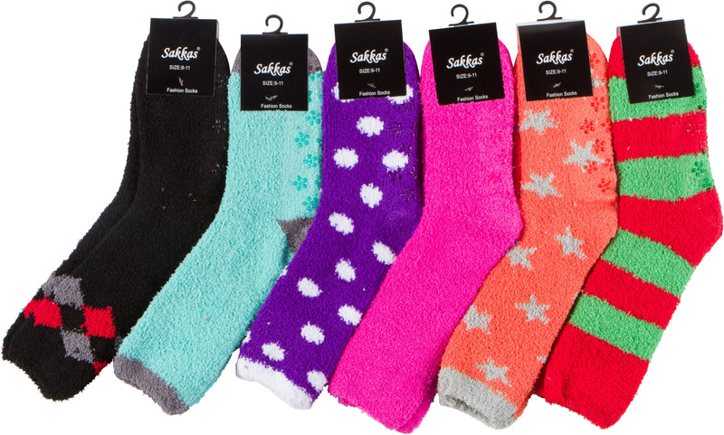 Sakkas Super Soft Anti-Slip Fuzzy Crew Socks Value Assorted 6-Pack