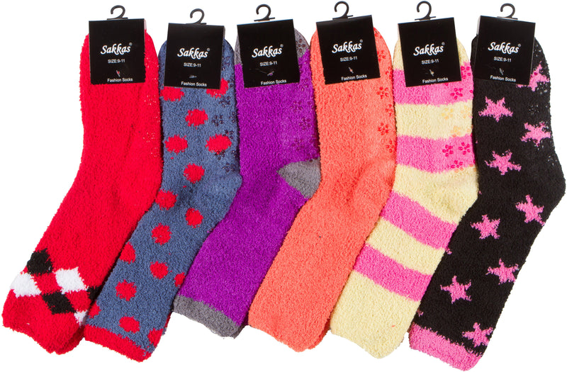 Sakkas Super Soft Anti-Slip Fuzzy Crew Socks Value Assorted 6-Pack