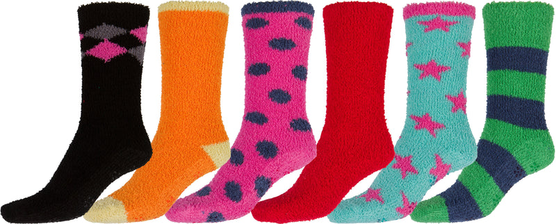 Sakkas Super Soft Anti-Slip Fuzzy Crew Socks Value Assorted 6-Pack