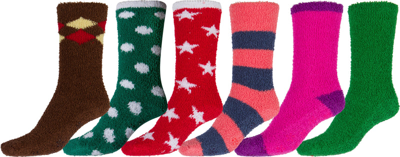 Sakkas Super Soft Anti-Slip Fuzzy Crew Socks Value Assorted 6-Pack