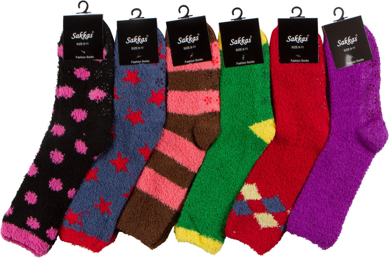 Sakkas Super Soft Anti-Slip Fuzzy Crew Socks Value Assorted 6-Pack