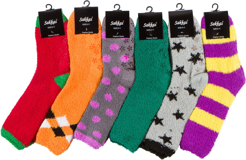 Sakkas Super Soft Anti-Slip Fuzzy Crew Socks Value Assorted 6-Pack