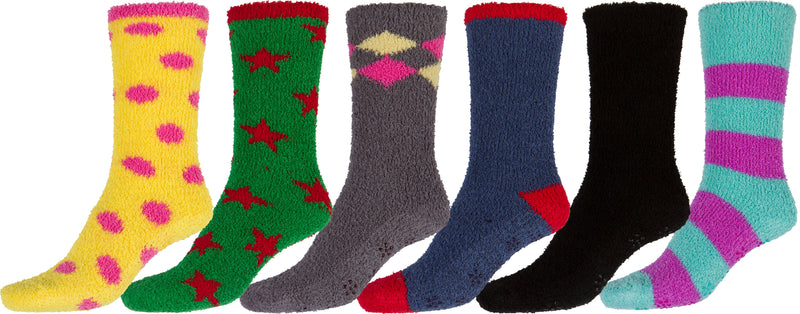 Sakkas Super Soft Anti-Slip Fuzzy Crew Socks Value Assorted 6-Pack