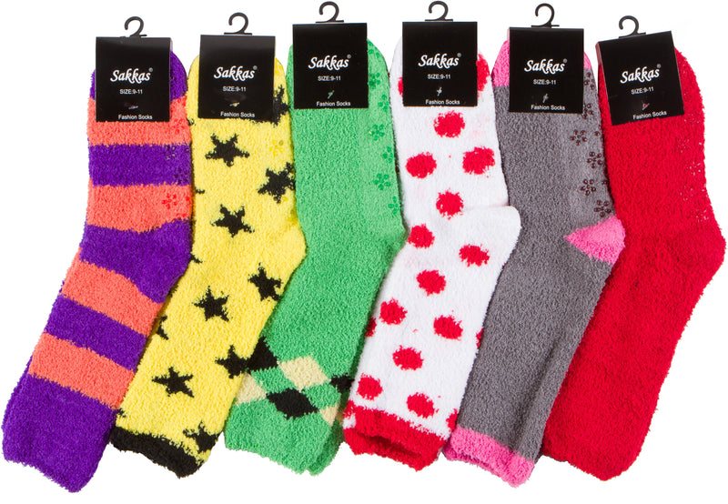 Sakkas Super Soft Anti-Slip Fuzzy Crew Socks Value Assorted 6-Pack