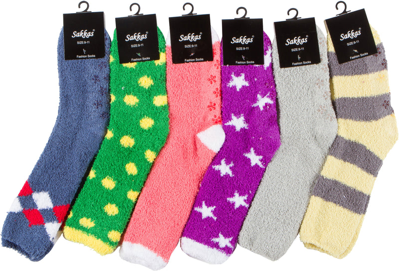 Sakkas Super Soft Anti-Slip Fuzzy Crew Socks Value Assorted 6-Pack