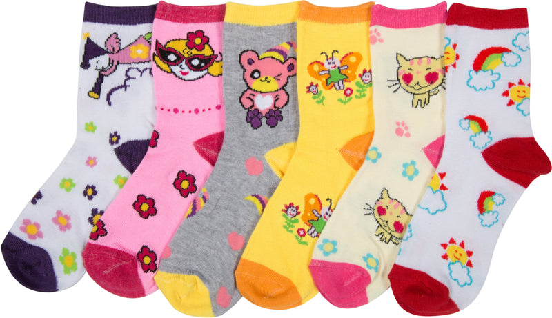 Sakkas Girl's Creative Fun Cotton Blend Crew Socks Assorted Color 6-Pack