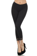 Sakkas Cotton Blend Lace Trim Stretch Capri Leggings - Made in USA#color_Black