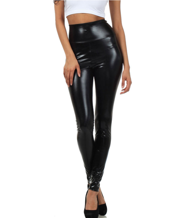 Sakkas Shiny Liquid Metallic High Waist Stretch Leggings - Made in USA#color_Black