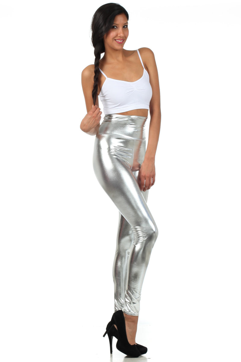 Sakkas Footless Liquid Wet Look Shiny Metallic Stretch Leggings - Gold -  Large 