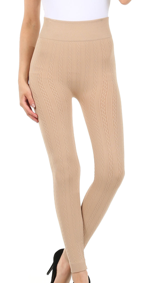 Sakkas Cable Knit Fleece Lined Leggings#color_Beige