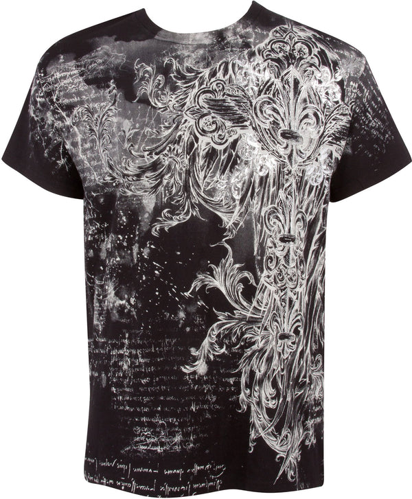 Sakkas Vines and Fleur De Lis Metallic Silver Embossed Cotton Mens T-Shirt#color_Black