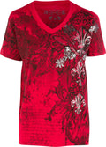 Sakkas Vines and Fleur De Lis Metallic Silver Embossed V-Neck Mens T-Shirt#color_Red