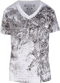 Sakkas Vines and Fleur De Lis Metallic Silver Embossed V-Neck Mens T-Shirt#color_White