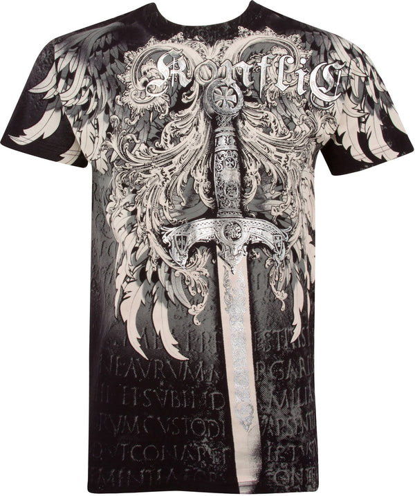 Sword Metallic Silver Embossed Short Sleeve Crew Neck Cotton Mens Fashion T-Shirt#color_Black