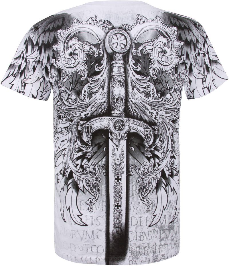 Sword Metallic Silver Embossed Short Sleeve Crew Neck Cotton Mens Fashion T-Shirt