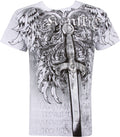 Sword Metallic Silver Embossed Short Sleeve Crew Neck Cotton Mens Fashion T-Shirt#color_White